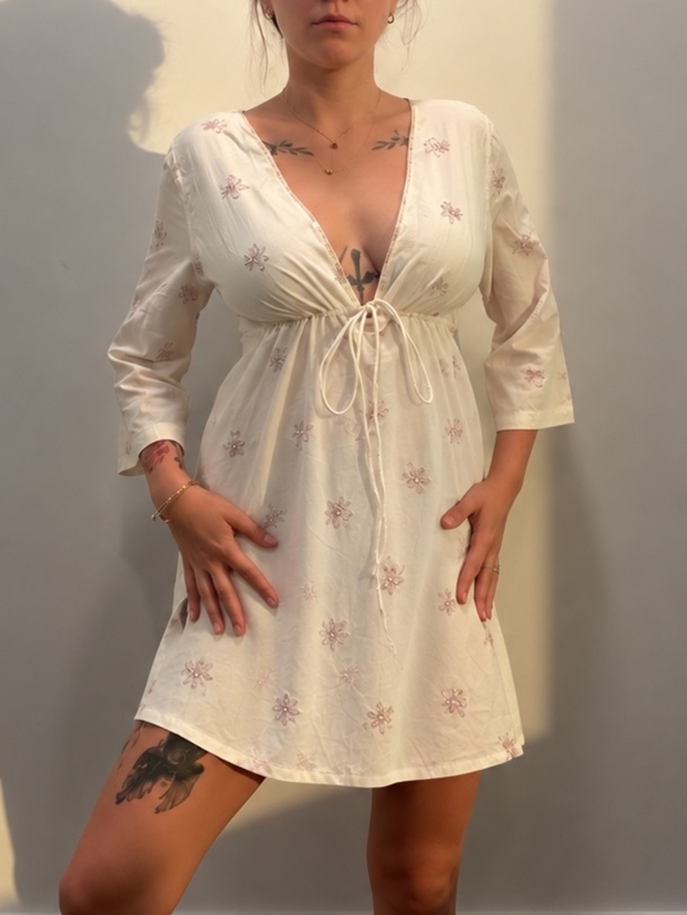 Vintage Cream Embroidered beaded Babydoll Mini Dress - Picture 2 of 3